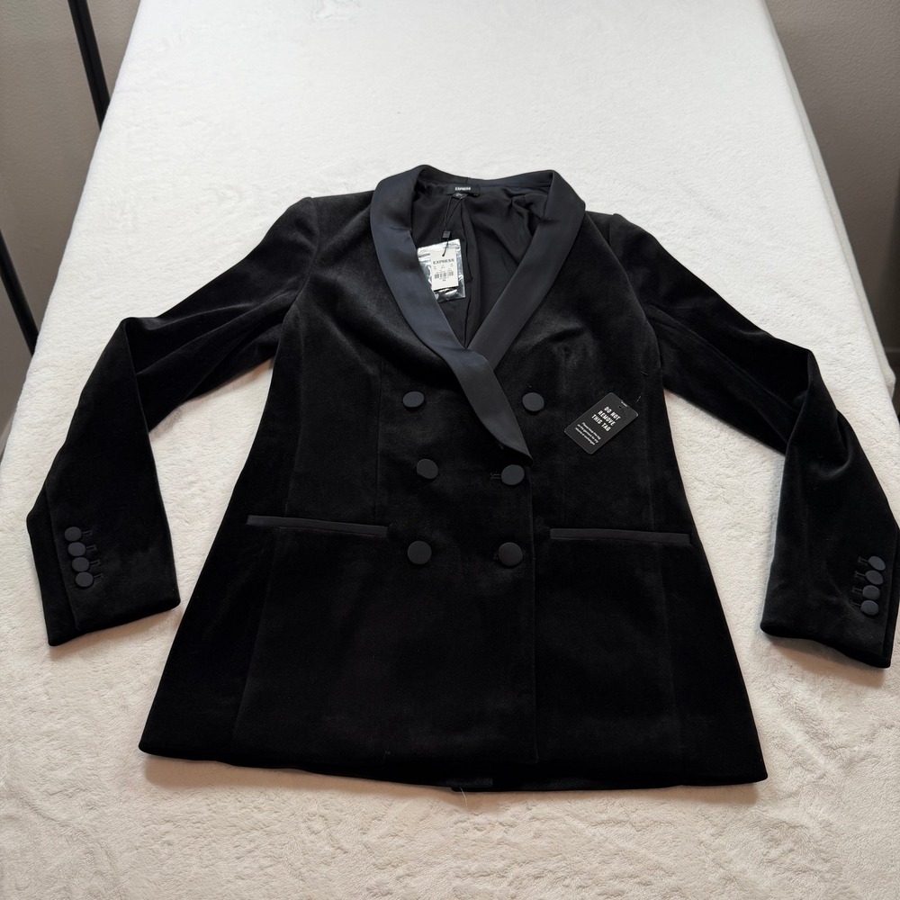 Express Velvet Tuxedo Blazer Womens XS Black NWT Satin Lapel Double Breasted